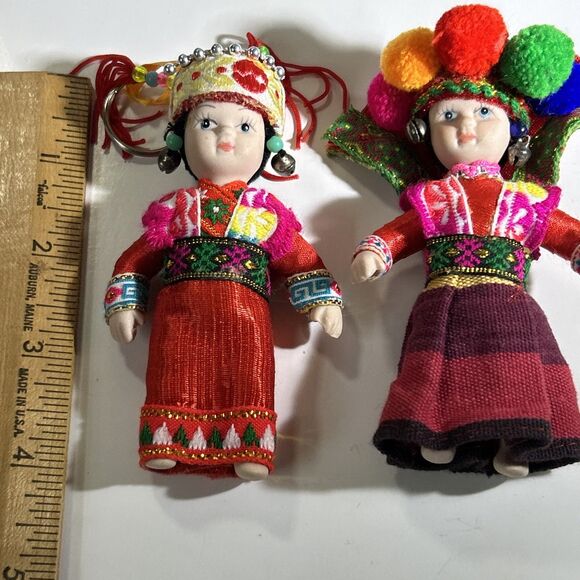 Vintage Pair Of Porcelain Jointed Colorful Ethnic Doll Keychains 4" - READ - Picture 11 of 11